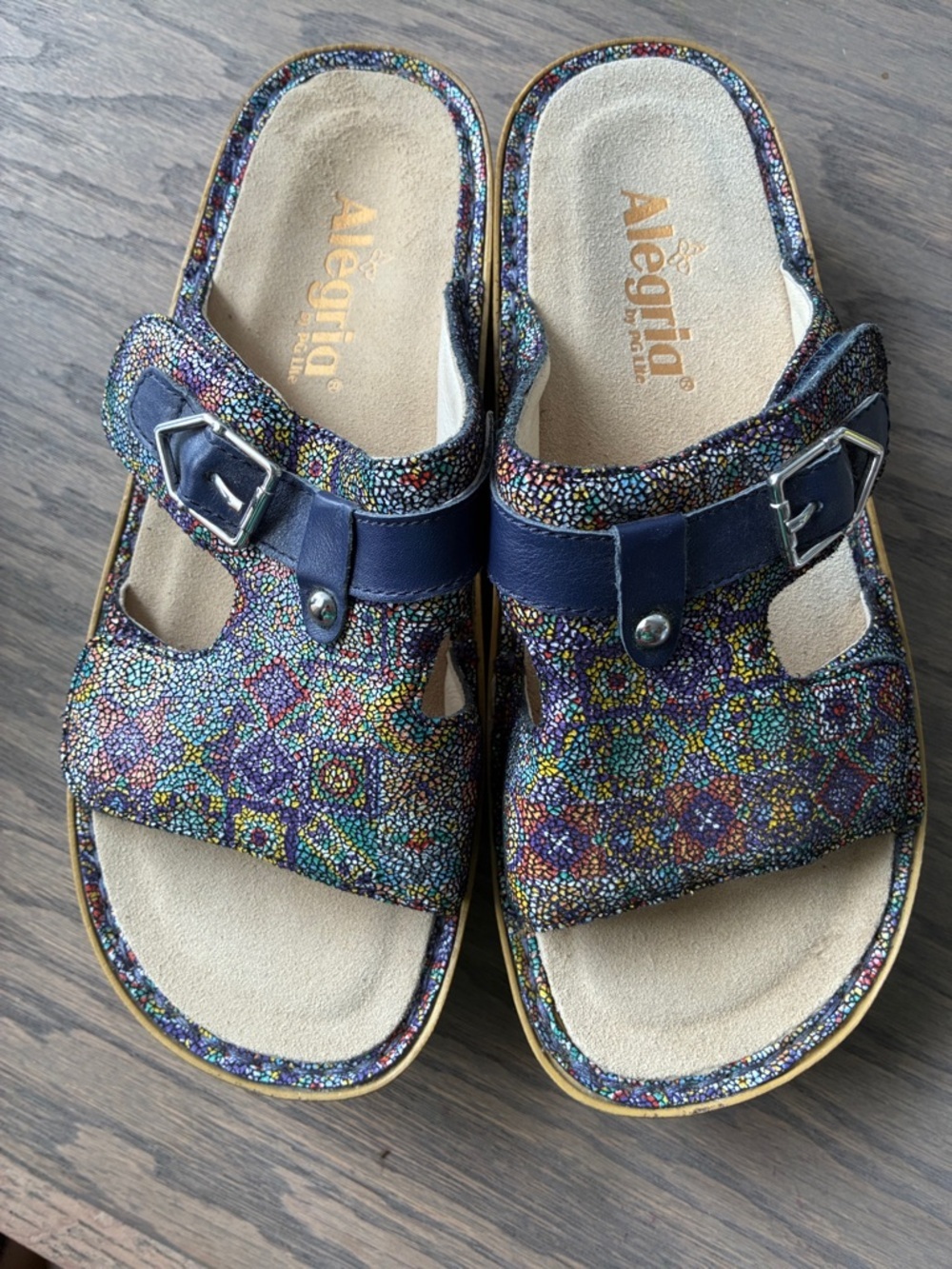 Alegria Navy and Multicolor Mosaic Slide Sandals